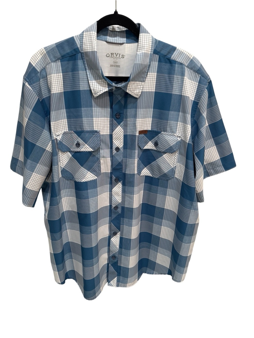 Orvis Shirt XXL Blue Plaid Short Sleeve Button Up Polyester Lightweight Work